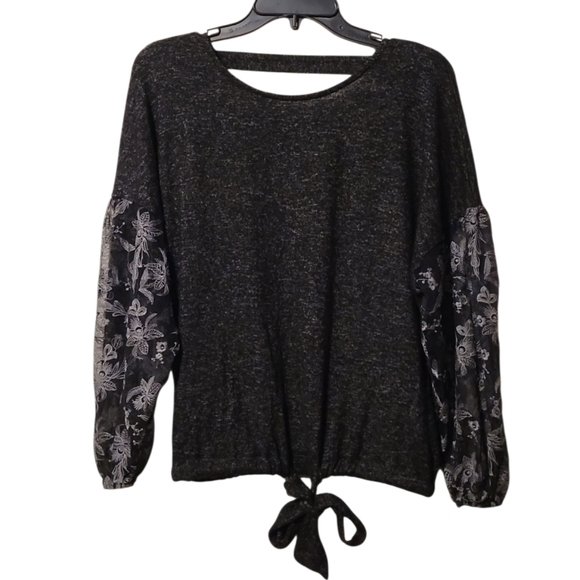 Daytrip Soft Black Sweater with Sheer White Floral Sleeves Size Small - Picture 1 of 14
